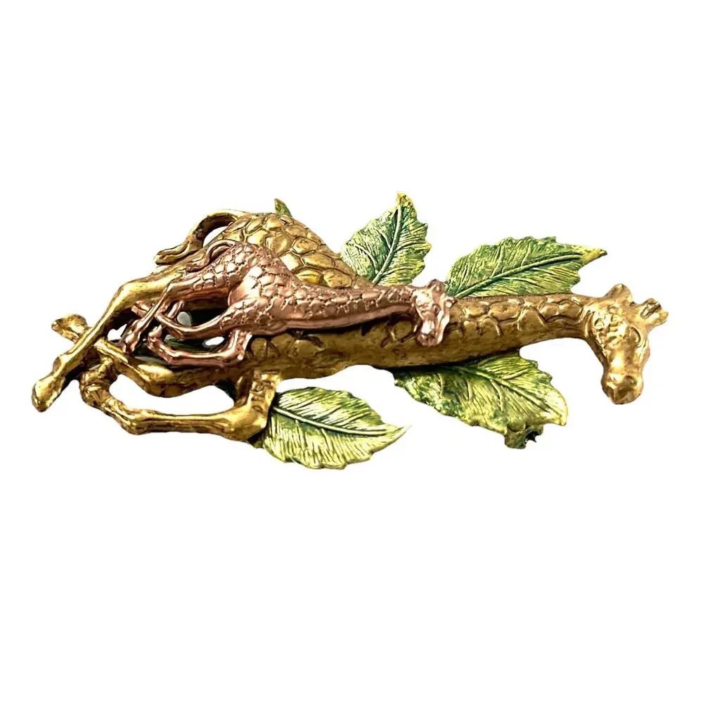 Vintage Giraffe Brooch Pin Mother Baby Safari Gold Tone Green Enamel 3”